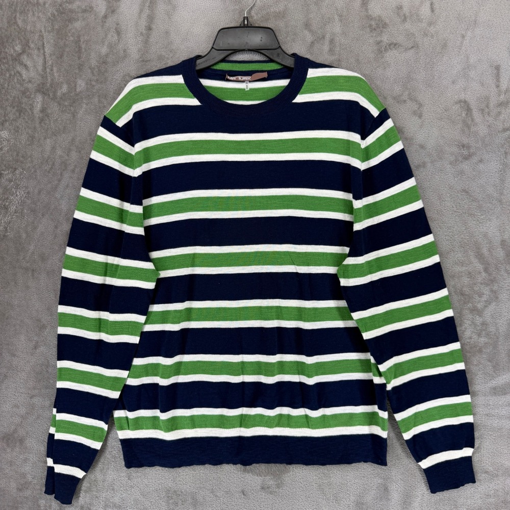 Mr Turk Mens XL Striped Cotton Crewneck Sweater Navy Blue Green White 2002900CO2